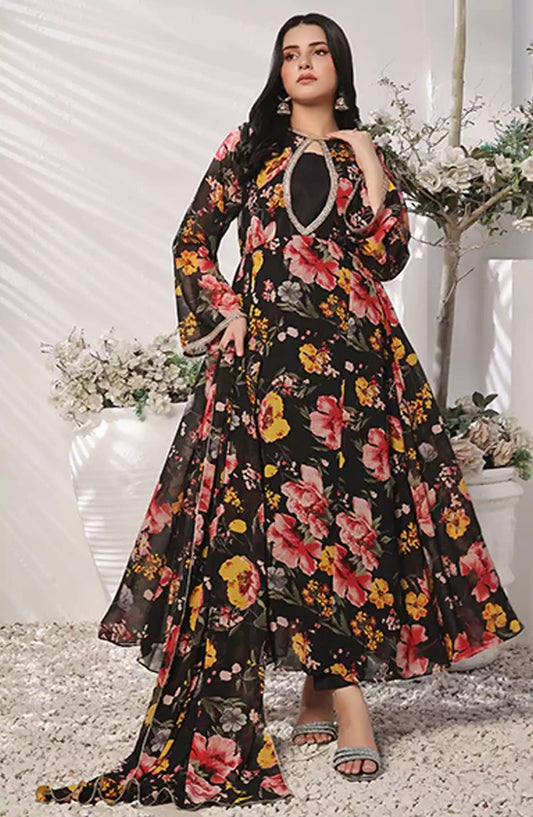 Noor Jahan Festive Stitched Collection By Nazmina - FRT-69 Charcoal charm flowy dress