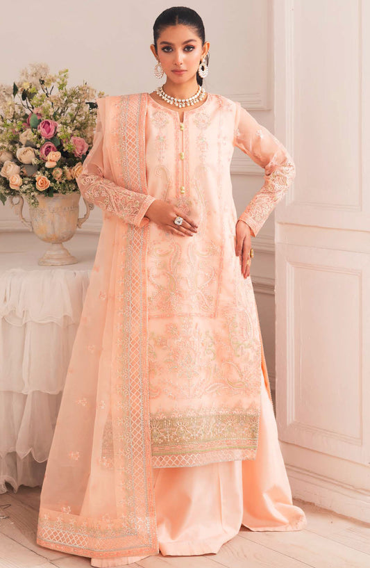 Zari by Freesia Embroidered Organza Unstitched 3 Piece Suit - FW-40028 Kira - MNM25ZLF - Peach - Formal Collection