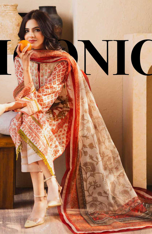 Zen by Freesia Embroidered Lawn Unstitched 3 Piece - FW-50079 MANAR - FR25Z - Dark Orange - Summer Collection