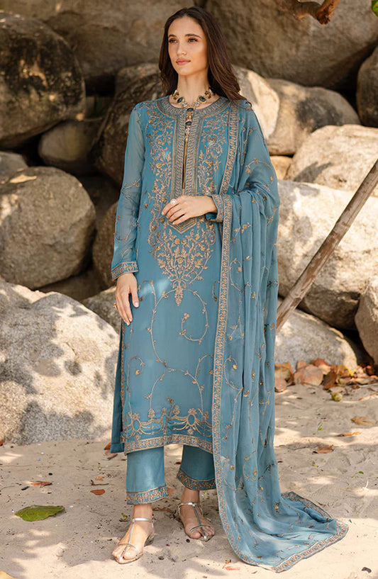Zyra by Freesia Embroidered Chiffon Unstitched 3 Piece Suit - FW40059-Aarvi - MNM25ZFC - Blue - Festive Collection