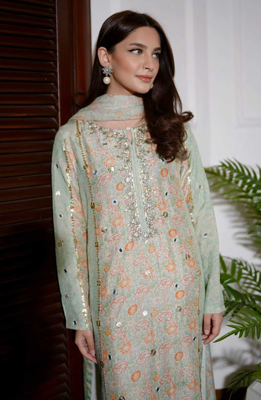 Luna Edit By Hues Atelier Printed Korean Raw Silk Stitched 3 Piece - Gota Floral Printed Fit - HA25L - Festive Collection