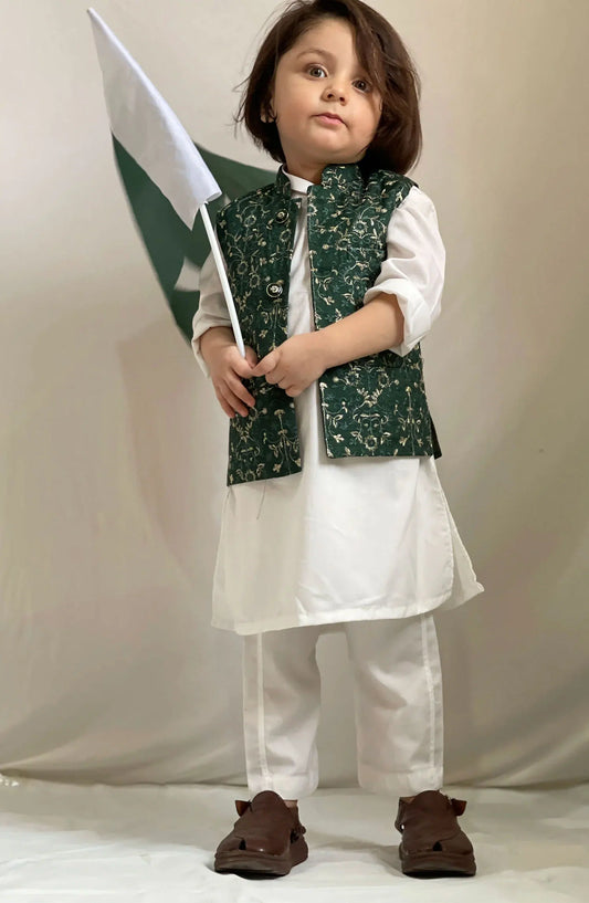 Exclusive 14th August Collection By Hassan Jee - Green Embroidered Waistcoat Suit - V14