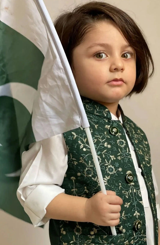 Exclusive 14th August Collection By Hassan Jee - Green Embroidered Waistcoat Suit - V14