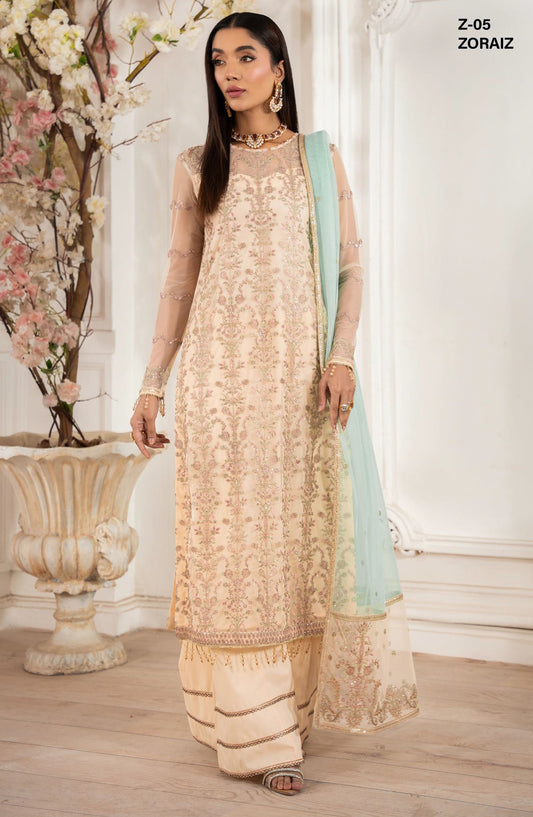 Heer by Zarif Embroidered Net Unstitched 3 Piece Suit - ZORAIZ - ZF25HR  - Z-05 - Peach - Festive Collection