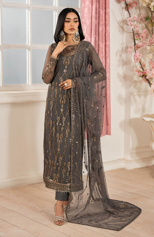 Heer by Zarif Embroidered Net Unstitched 3 Piece Suit - SORAYA - ZF25HR  - Z-04 - Grey - Festive Collection