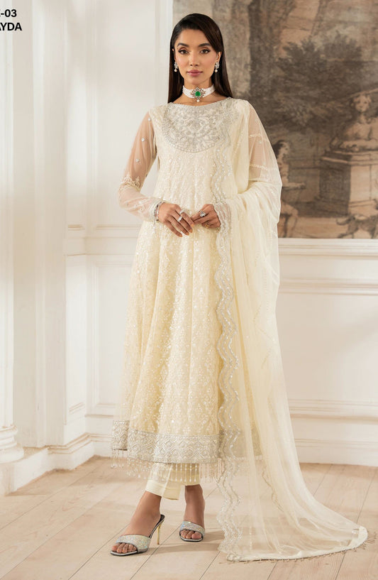 Heer by Zarif Embroidered Net Unstitched 3 Piece Suit - AYDA - ZF25HR  - Z-03 - Lemon - Festive Collection
