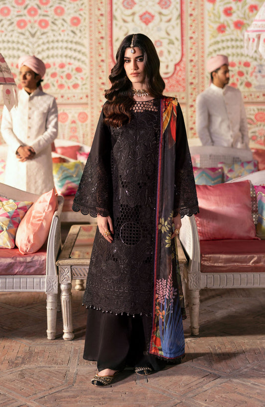 Mahnur Embroidered Lawn Unstitched 3 Piece Suit - D-13 Aaina - MH25HJ - Black - Summer Collection