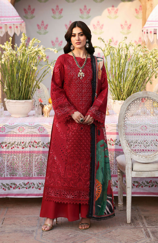 Mahnur Embroidered Lawn Unstitched 3 Piece Suit - D-03 Elena - MH25HJ - Red - Summer Collection