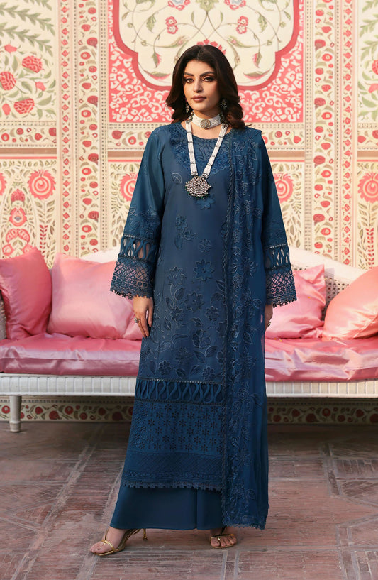 Mahnur Embroidered Lawn Unstitched 3 Piece Suit - D-02 Cyania - MH25HJ - Blue - Summer Collection