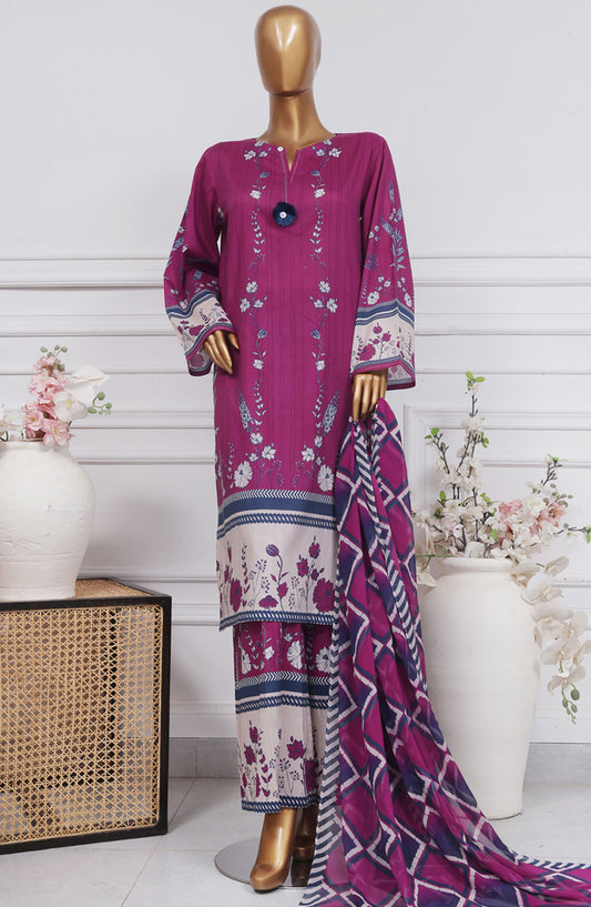 HZ Textile Printed Lawn Stitched 3 Piece Suit - PWW-107 Plum navy - HZ25PANC - Summer Collection
