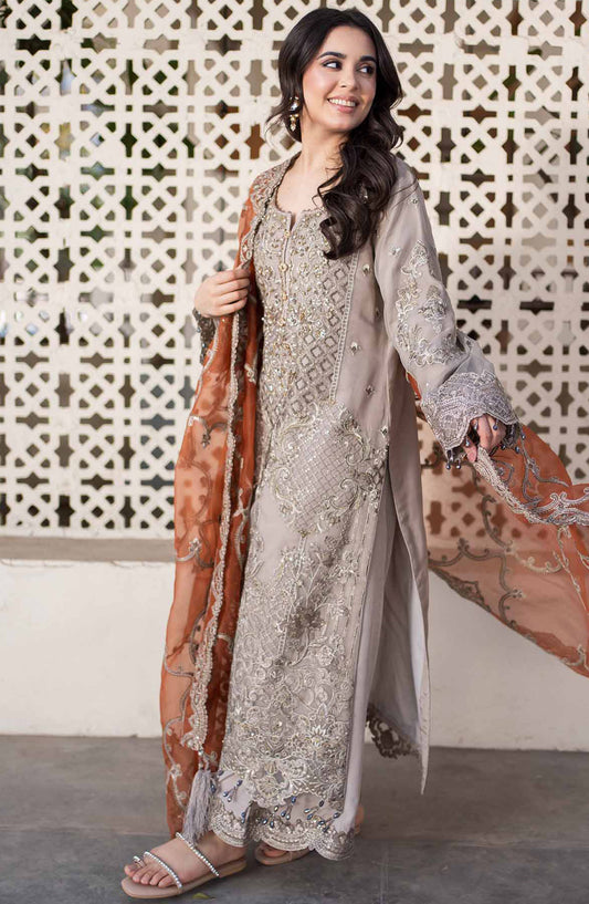 Meeras by Imrozia Embroidered Organza Unstitched 3 Piece Suit - I-227 Misr - IMP25MF - Grey - Festive Collection