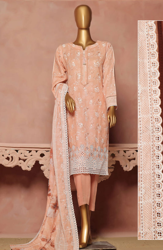 HZ RTW Khaddar Printed Embroidered Chikankari with Embroidered Dupatta Vol 11 - KE-922 PASTEL PEACH