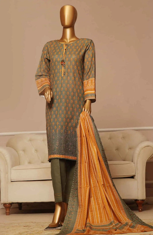 HZ Khaddar Embroidered RTW 3Pc with CutWork Dupatta - Vol 1 - KE 903 OLIVE