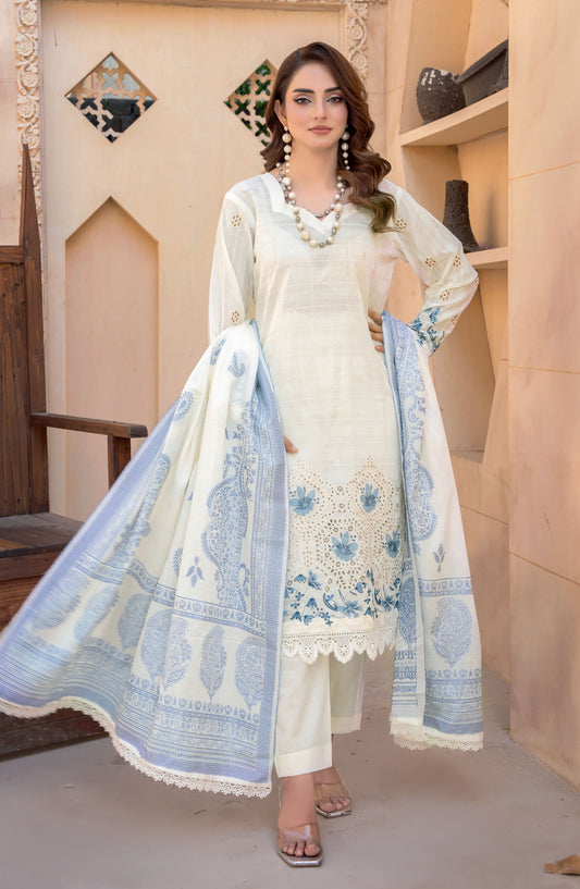Khwaish by Riaz Arts Embroidered Lawn Unstitched 3 Piece Suit - D-05 - RA25ELS - White - Summer Collection
