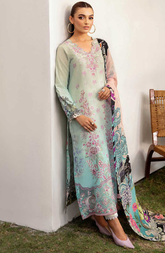 Mashaal by Ramsha Embroidered Lawn Unstitched 3 Piece Suit - L 1206 - R25M12 - Light Blue - Summer Collection
