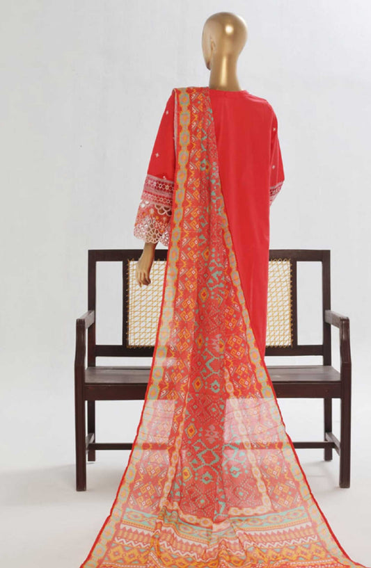 Bin Saeed Embroidered Lawn Stitched 3 Piece Suit - LF 138C - BS25LF - Red - Summer Collection