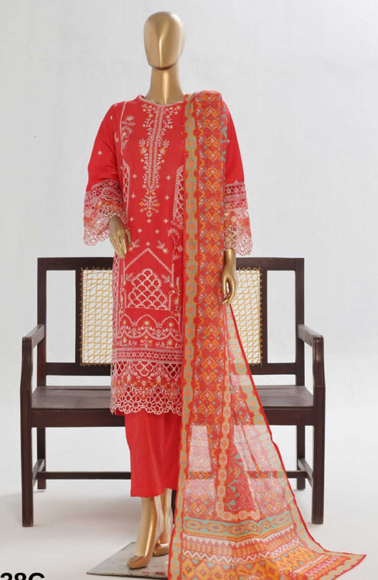 Bin Saeed Embroidered Lawn Stitched 3 Piece Suit - LF 138C - BS25LF - Red - Summer Collection