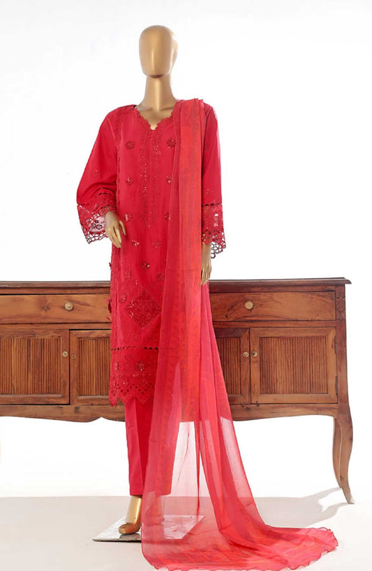 Bin Saeed Embroidered Lawn Stitched 3 Piece - Lf 144 B - BS25EL - Red - Summer Collection