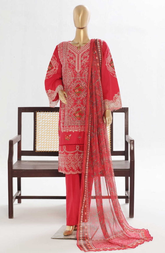 Bin Saeed Embroidered Lawn Stitched 3 Piece Suit - LF 144C - BS25LF - Red - Summer Collection