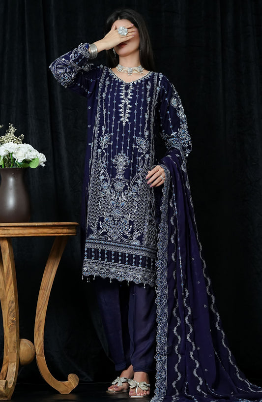 La Fleur by Amna Khadija Embroidered Chiffon Stitched 3 Piece Suit - LFFP-11 GLEX02 - AM25LFD2 - Blue - Festive Collection