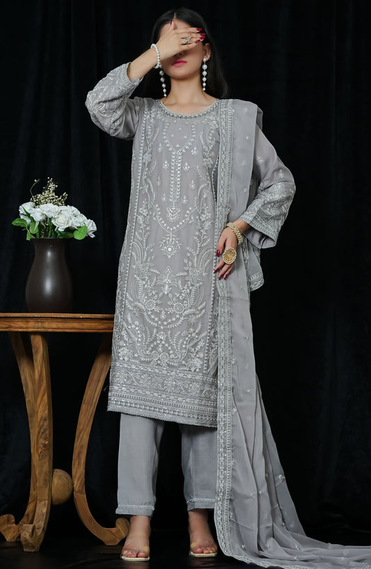 La Fleur by Amna Khadija Embroidered Chiffon Stitched 3 Piece Suit - LFFP-12 GlEX03 - AM25LFD2 - Grey - Festive Collection