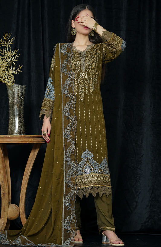La Fleur by Amna Khadija Embroidered Chiffon Stitched 3 Piece Suit - LFFP-13 MBCh02 - AM25LFD2 - Green - Festive Collection
