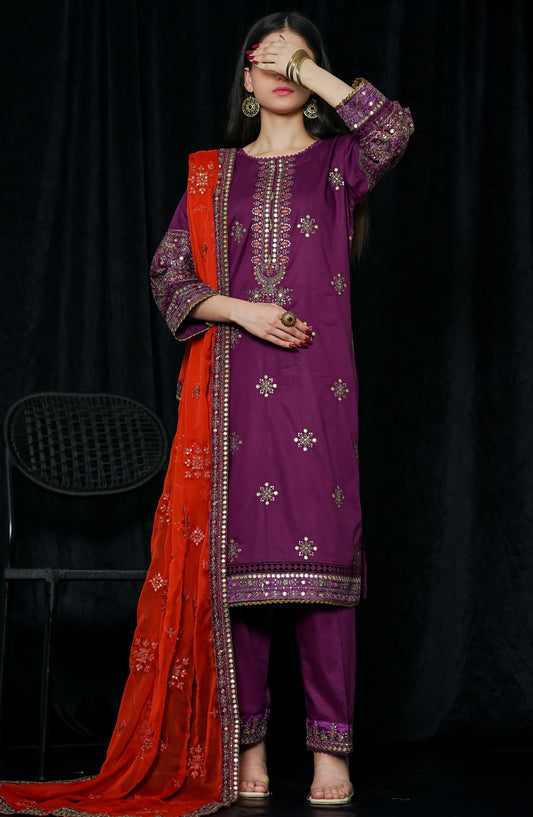 La Fleur by Amna Khadija Embroidered Cotton Stitched 3 Piece Suit - LFFP-15 M23D9 - AM25LFD2 - Purple - Festive Collection