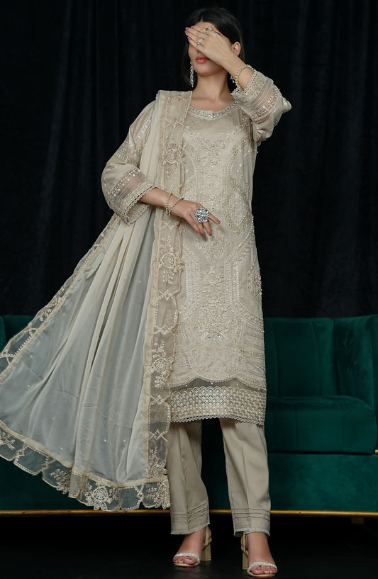 La Fleur by Amna Khadija Embroidered Cotton Stitched 3 Piece Suit - LFFP-21 MBCH05 - AM25LFD2 - Beige - Festive Collection