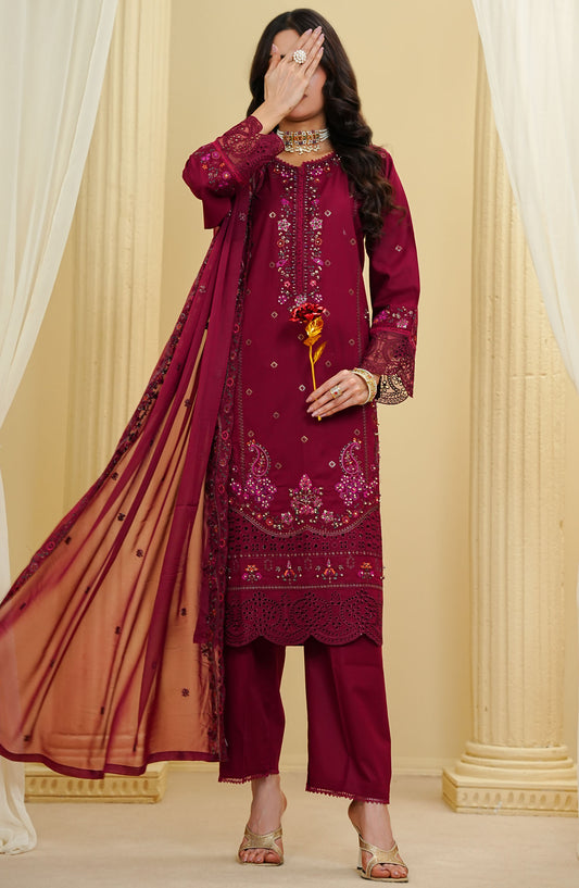 La Fleur by Amna Khadija Embroidered Cotton Stitched 3 Piece Suit - LFFP-26 - AM25LFD2 - Maroon - Festive Collection