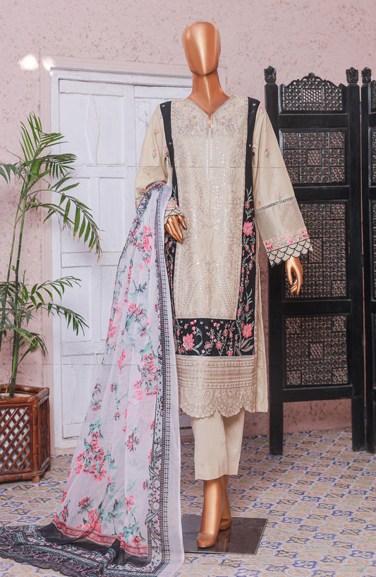 Bin Saeed Embroidered Cotton Stitched 3 Piece Suit - D-03 - BS25LPC - Beige - Summer Collection