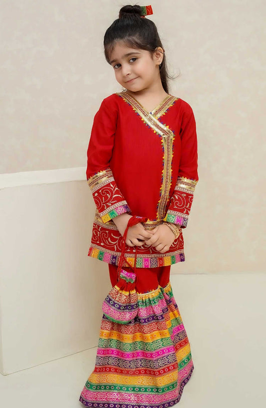 Modest Embroidered Raw Sillk Stitched 3 Piece   - Mah e Noor - Red - MD25F - Festive Collection