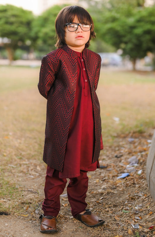 Exclusive Sherwani Collection By Hassan Jee - Maroon Open Long Sherwani -S12