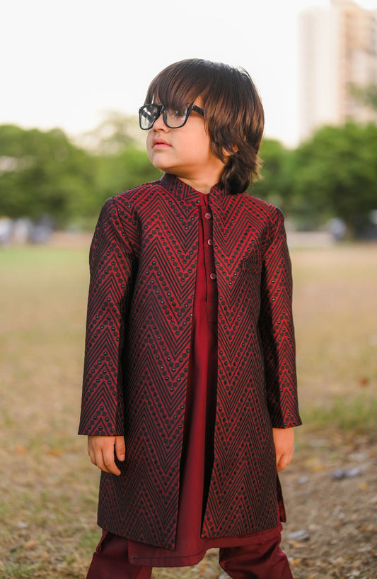 Exclusive Sherwani Collection By Hassan Jee - Maroon Open Long Sherwani -S12