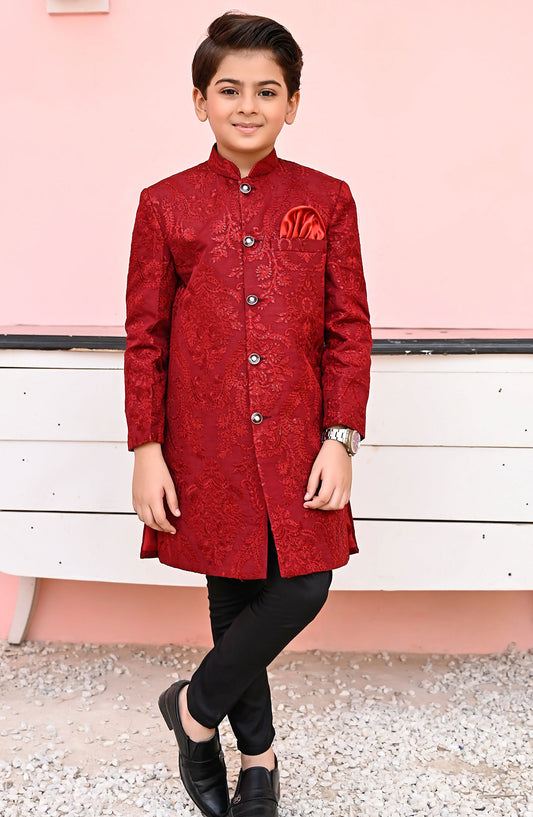 Exclusive Sherwani Collection By Hassan Jee - Maroon Sequence Sherwani - S8