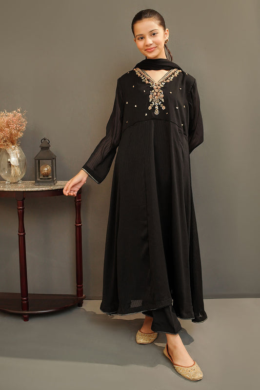 Ochre Festive Wear Chiffon Stitched 3 Piece - MAX-25 - Black - Girls Collection