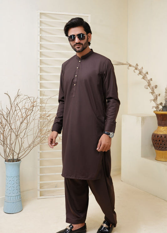 Dark Brown Kameez Shalwar with Metal Button- HM 003