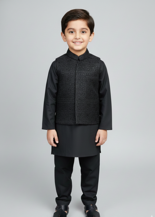 Matte Black Waistcoat Suit-AHW-027