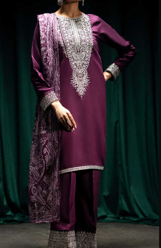 Boutique by Casual lite Embroidered Cotton Silk Stitched 3 Piece - Merjanda Purple Ensemble - CL25B2 - Purple - Festive Collection