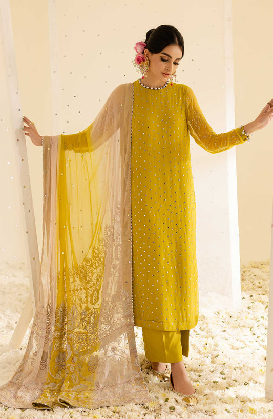 Nureh Mukeshkari Embroidered Mukesh Chiffon Unstitched 3 Piece Suit - NU25MUK - MK-08 - Yellow - Festive Collection