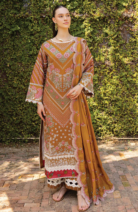 Ruhi by Marjjan Embroidered Lawn Unstitched 3 Piece Suit - MLL-01 A - MJ25RU - Mustard - Summer Collection