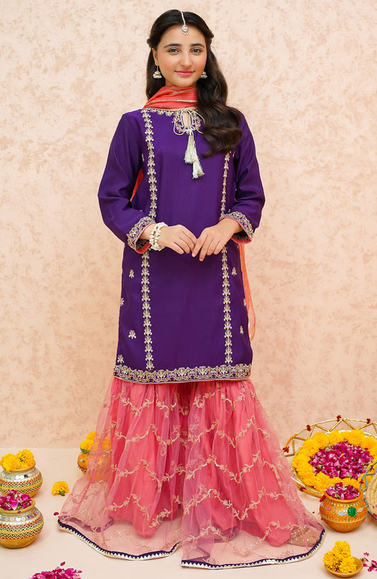 Modest Embroidered Rawsilk Stitched 3 Piece Suit - 9045-Prpl - MOD25GFC - Purple - Festive Collection