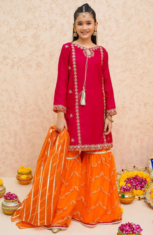 Modest Embroidered Rawsilk Stitched 3 Piece Suit - 9045-Pnk - MOD25GFC - Pink - Festive Collection