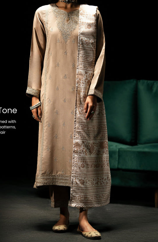Casual Lite Embroidered Viscose Stitched 3 Piece - Muted Earthy Tone - CL25B1 - Fawn - Winter Collection