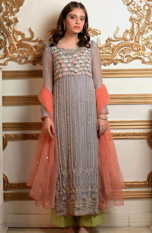 Hues Atelier Embroidered Jamawar 3 Piece - Noor E Hues - HA25LF - Light Grey - Festive Collection
