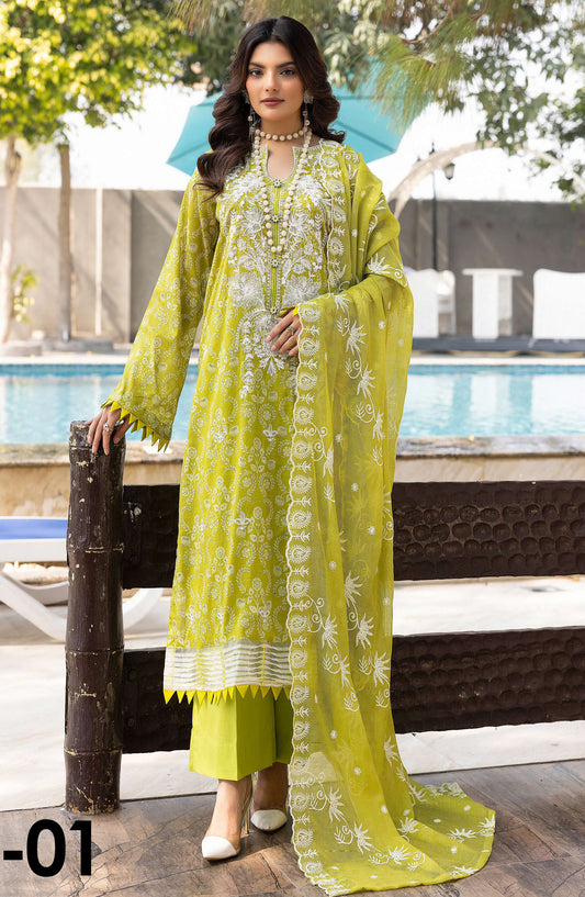 Printkari by NUR Embroidered Lawn Unstitched 3 Piece Suit - P-01 - NUR25PK - Green - Summer Collection
