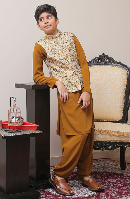 Real Image Kids Stitched Jamawar Waist Coat OKW-002 Smart Fit