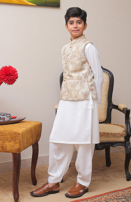 Real Image Kids Stitched Jamawar Waist Coat OKW-005 Smart Fit