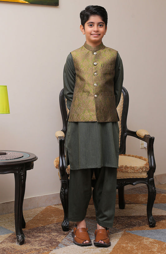 Real Image Kids Stitched Jamawar Waist Coat RL25KWC OKW-010 Smart Fit