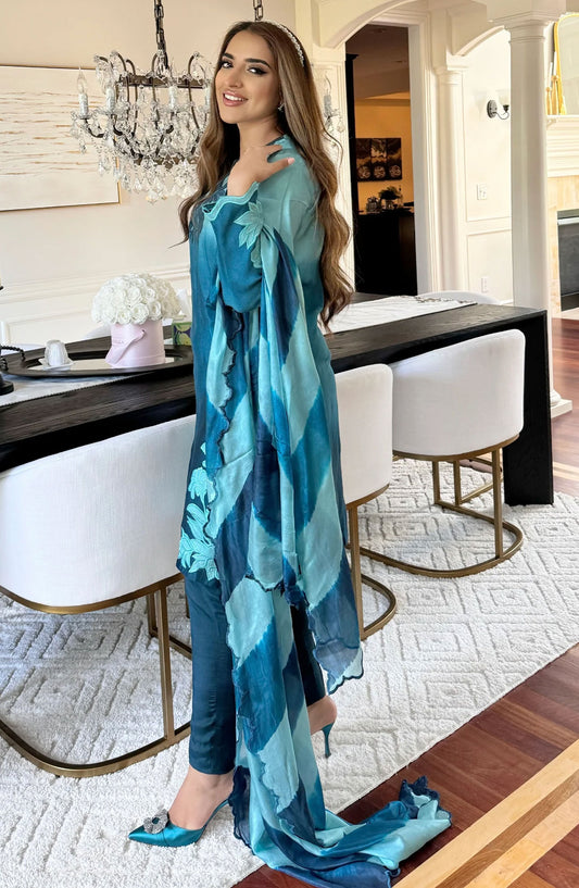 Luna Edit By Hues Atelier Embroidered Cotton Net Stitched 3 Piece - Ombre Teal - HA25L - Festive Collection
