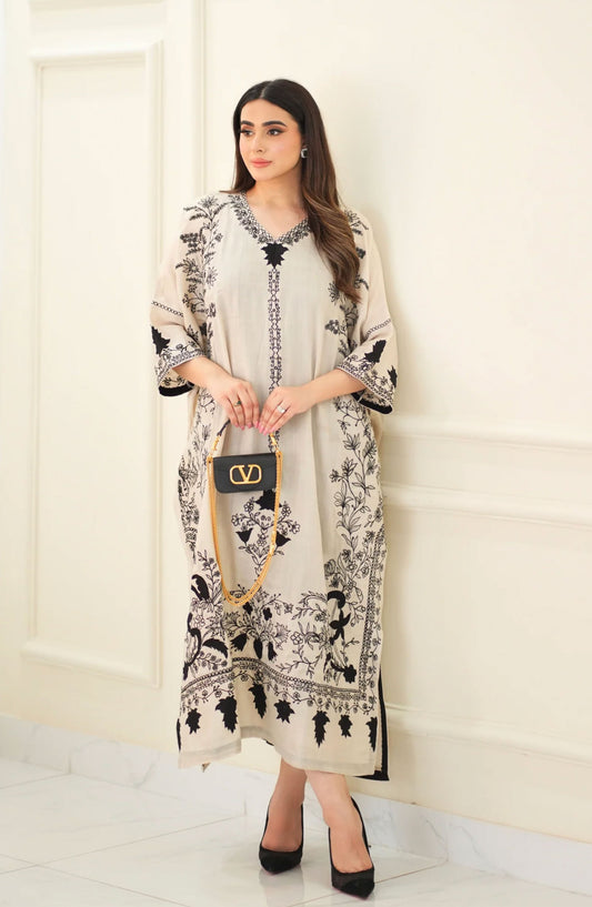 Luna Edit By Hues Atelier Embroidered Silk Stitched 1 Piece - Pashmina Kaftan - HA25L - Festive Collection